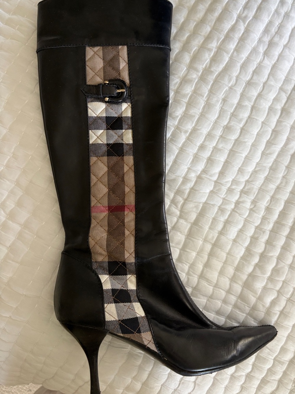 Burberry Black Leather Knee-High Boots with Signature Check Panel - Picture 1 of 3